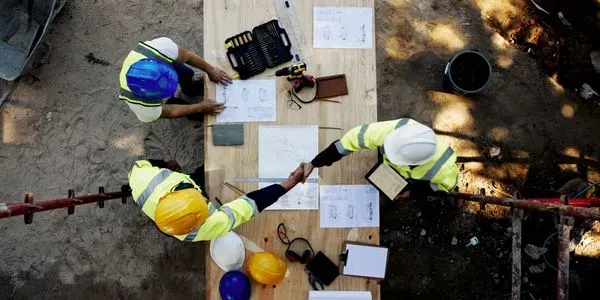 Construction team reviewing project plans together at a jobsite