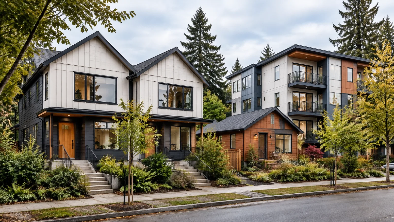 Human-scale middle housing on a leafy neighborhood street